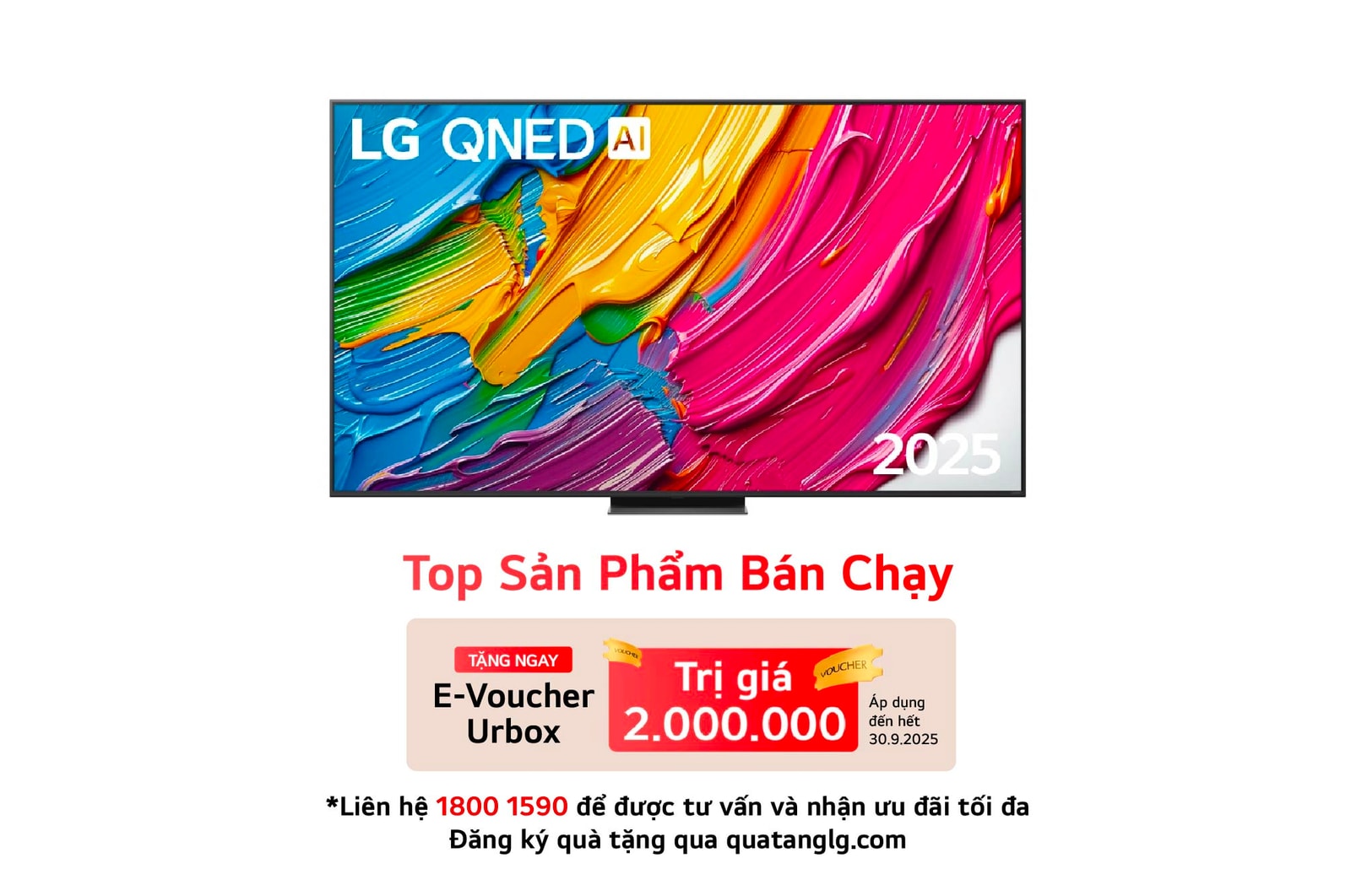 Front view of LG QNED80 TV, LG QNED Al Logo on the top corner. LG QNED TV depicts colorful paintike textures coming together.