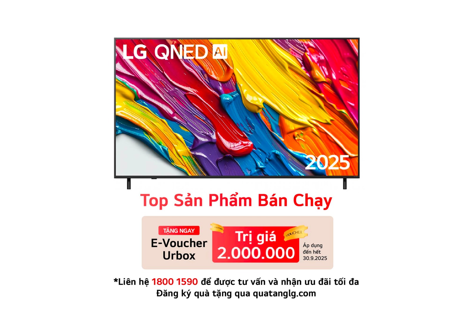 Hình ảnh tích cực của TV LG QNED82 với logo LG QNED Al ở góc trên cùng. LG QNED TV mô tả kết cấu đầy màu sắc như tranh vẽ.