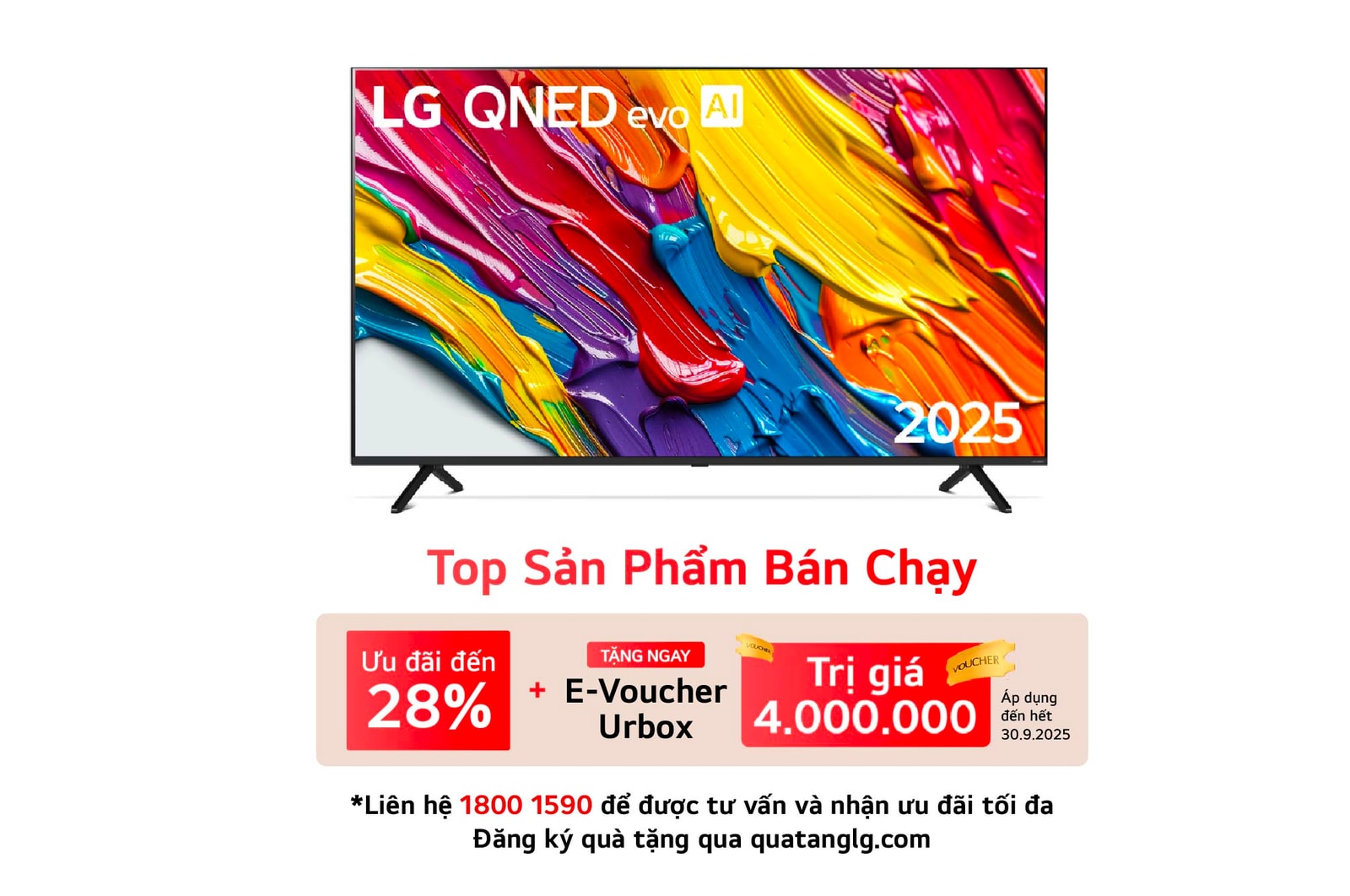 Front view of LG QNED evo QNED92 TV, LG QNED evo Al Logo on the top corner. LG QNED evo TV depicts colorful paintike textures coming together.