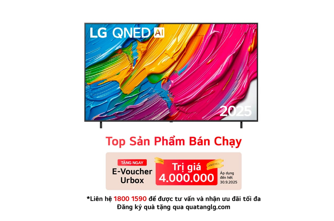 Front view of LG QNED80 TV, LG QNED Al Logo on the top corner. LG QNED TV depicts colorful paintike textures coming together.