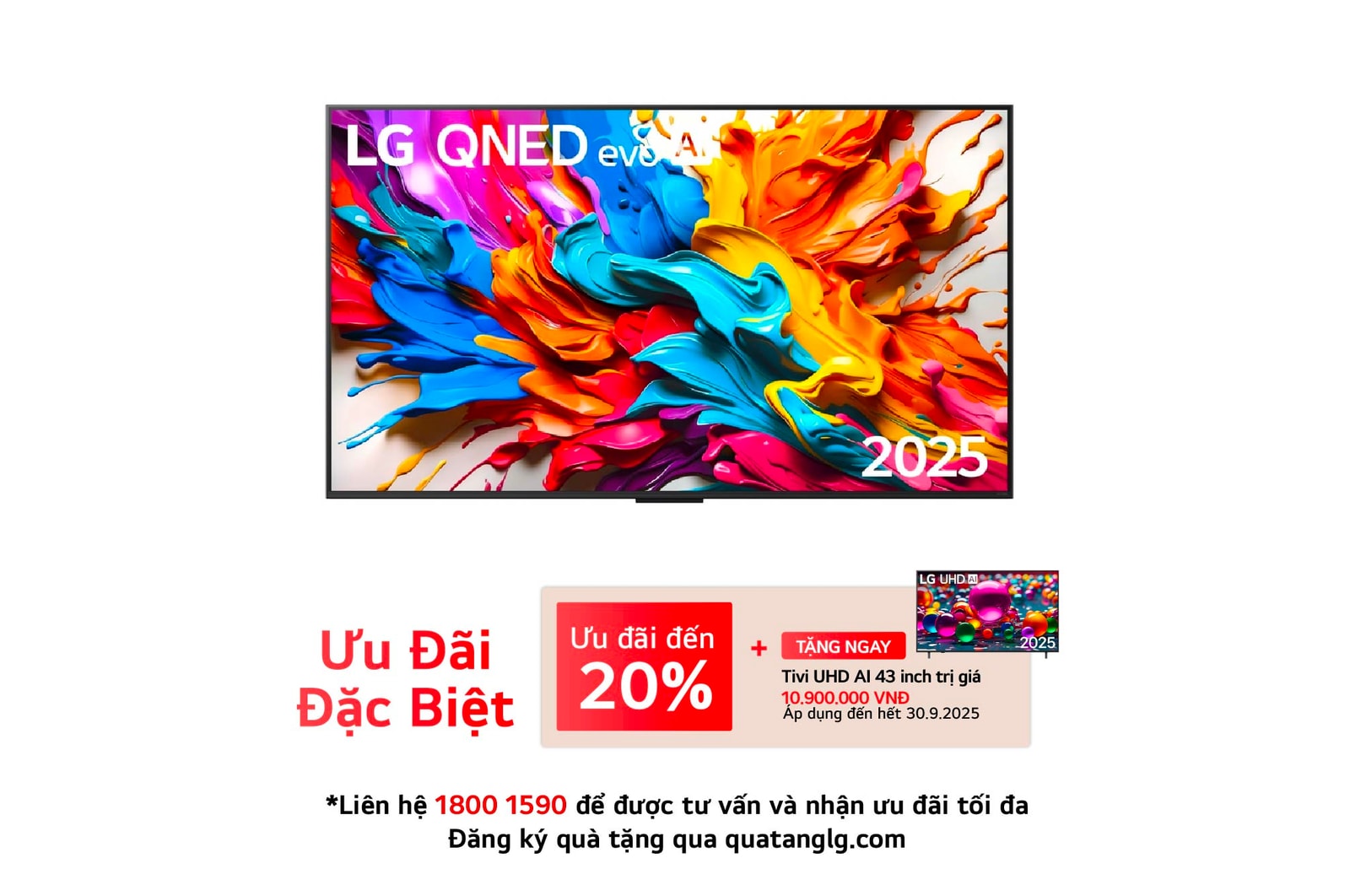 Front view of LG QNED evo AI QNED9M TV. LG QNED evo AI Logo on the. op corner. LG QNED evo TV depicts colorful paintike textures coming together. Zero Connect Box in the corner with the title, Zero Connect Box with 4K 144Hz wireless video & audio transfer.