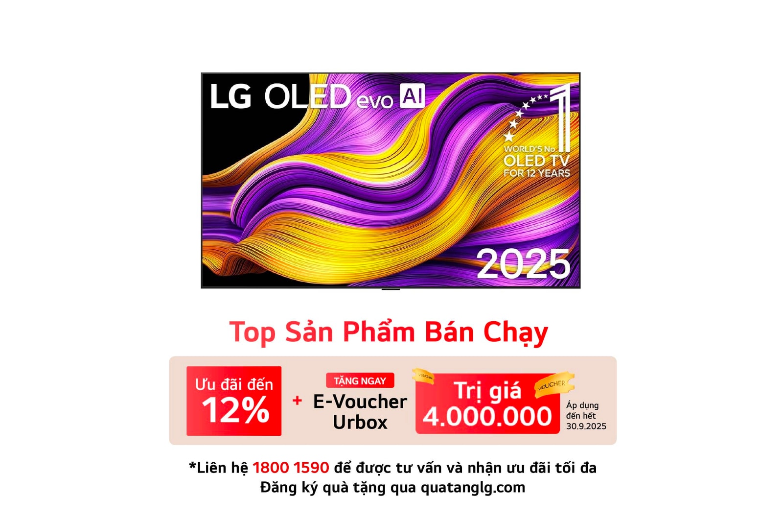 Front view of LG OLED evo AI G5 4K Smart TV. 12 Years of world number 1 OLED emblem and LG OLED evo AI 2025 logo are on the screen.