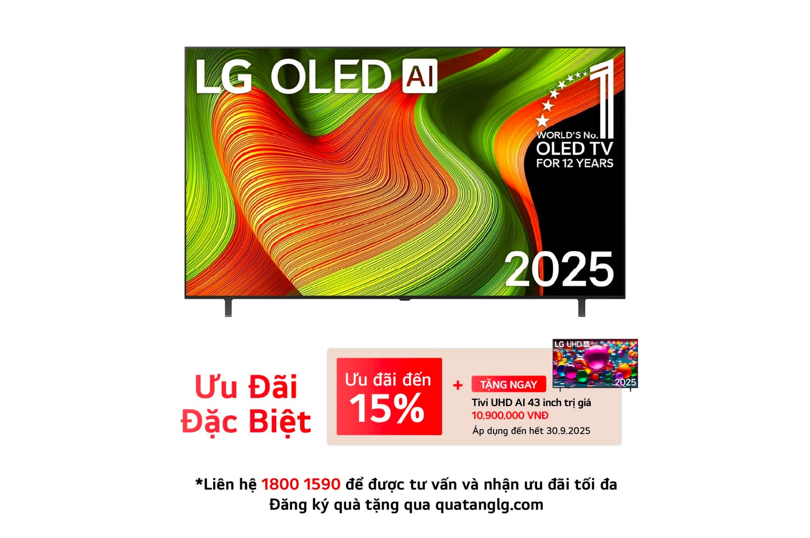 Front view of LG OLED AI B5 4K Smart TV. 12 Years of world number 1 OLED emblem and LG OLED AI 2025 logo are on the screen.