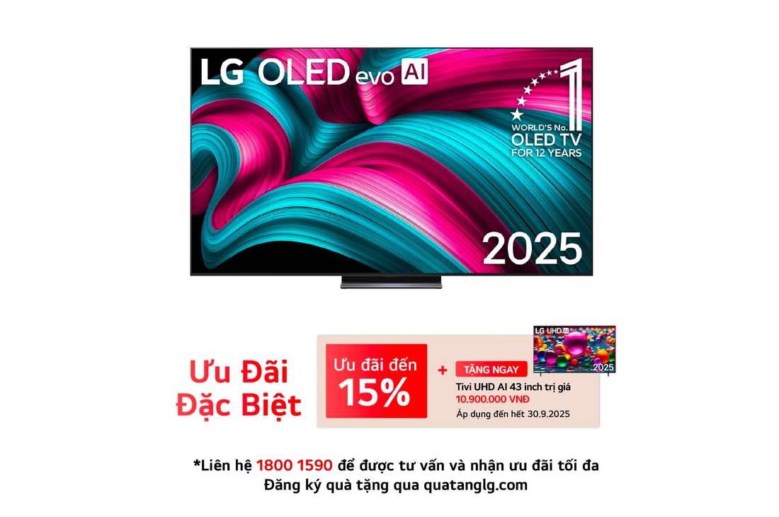 Front view of LG OLED evo AI C5 4K Smart TV. 12 Years of world number 1 OLED emblem and LG OLED evo AI 2025 logo are on the screen.