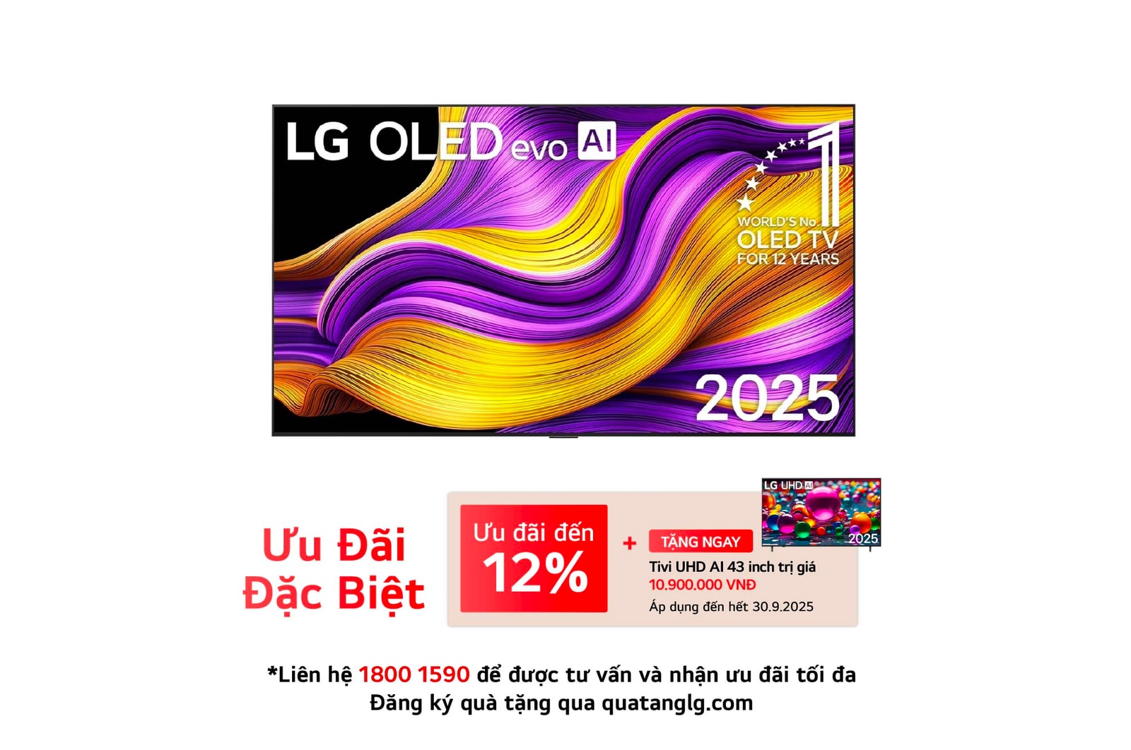 Front view of LG OLED evo AI G5 4K Smart TV. 12 Years of world number 1 OLED emblem and LG OLED evo AI 2025 logo are on the screen.