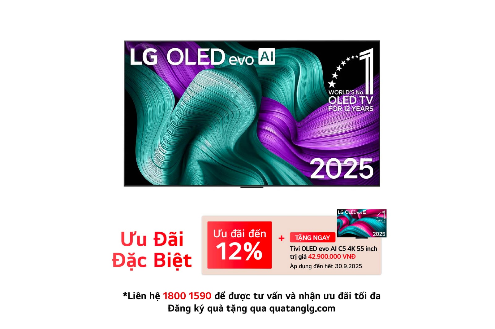Front view of LG OLED evo AI G5 4K Smart TV. 12 Years of world number 1 OLED emblem and LG OLED evo AI 2025 logo are on the screen.