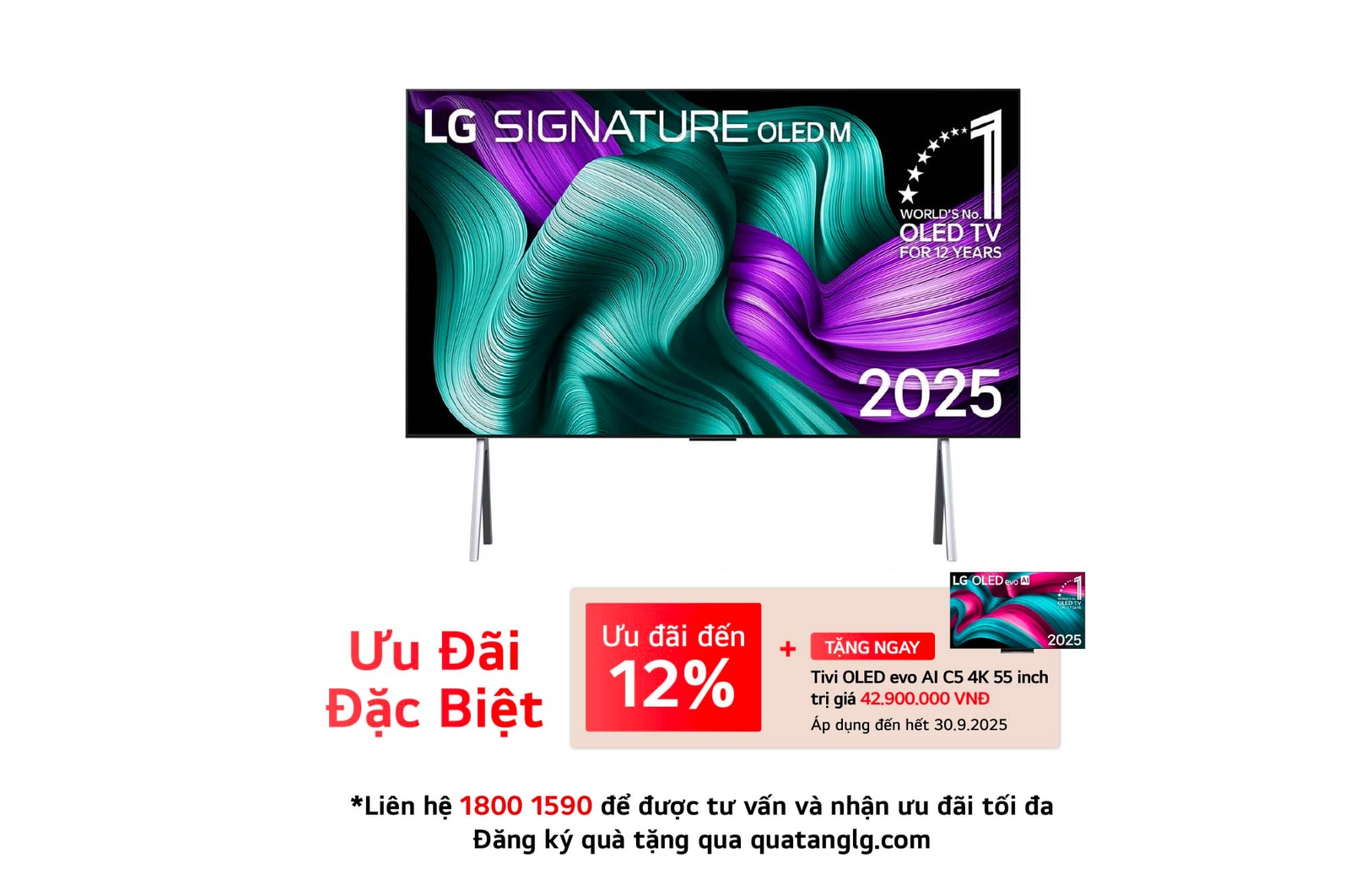 Hình ảnh mặt trước của LG OLED M5 Signature TV. Biểu tượng OLED số 1 thế giới trong 12 năm và logo LG Signature OLED M hiện trên màn hình. Hộp kết nối không dây ở góc có tiêu đề, Hộp kết nối không dây có khả năng truyền video và âm thanh không dây 4K 120Hz