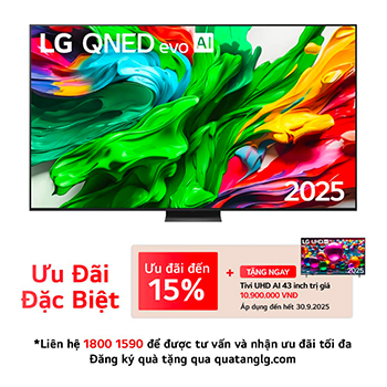 Front view of LG QNED evo TV, LG QNED evo Al Logo on the top corner. LG QNED evo TV depicts colorful paintike textures coming together.