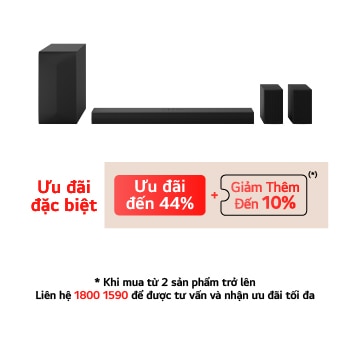 Hình ảnh mặt trước của LG Soundbar S65TR, loa siêu trầm và Loa sau