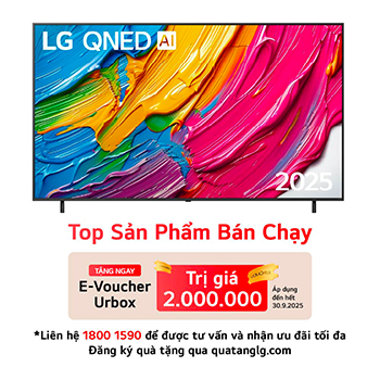 Front view of LG QNED80 TV, LG QNED Al Logo on the top corner. LG QNED TV depicts colorful paintike textures coming together.