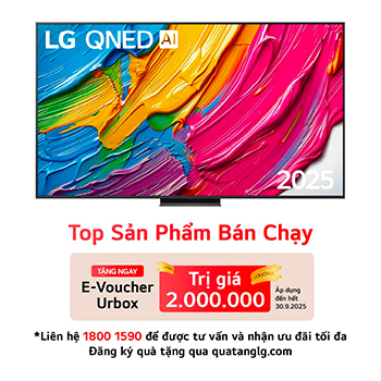Front view of LG QNED80 TV, LG QNED Al Logo on the top corner. LG QNED TV depicts colorful paintike textures coming together.
