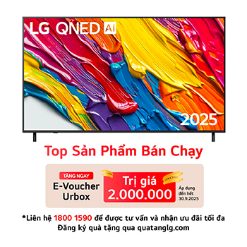 Hình ảnh tích cực của TV LG QNED82 với logo LG QNED Al ở góc trên cùng. LG QNED TV mô tả kết cấu đầy màu sắc như tranh vẽ.