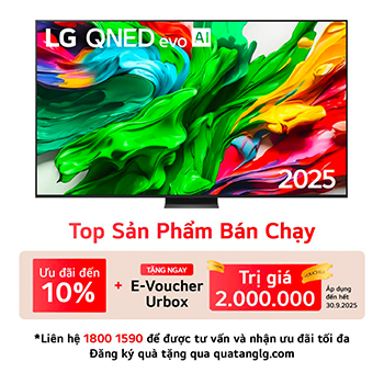 Front view of LG QNED evo TV, LG QNED evo Al Logo on the top corner. LG QNED evo TV depicts colorful paintike textures coming together.