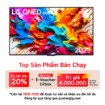 Front view of LG QNED evo AI QNED9M TV. LG QNED evo AI Logo on the. op corner. LG QNED evo TV depicts colorful paintike textures coming together. Zero Connect Box in the corner with the title, Zero Connect Box with 4K 144Hz wireless video & audio transfer.