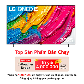 Front view of LG QNED80 TV, LG QNED Al Logo on the top corner. LG QNED TV depicts colorful paintike textures coming together.