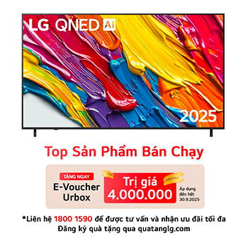 Hình ảnh tích cực của TV LG QNED82 với logo LG QNED Al ở góc trên cùng. LG QNED TV mô tả kết cấu đầy màu sắc như tranh vẽ.