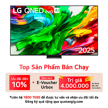 Front view of LG QNED evo TV, LG QNED evo Al Logo on the top corner. LG QNED evo TV depicts colorful paintike textures coming together.