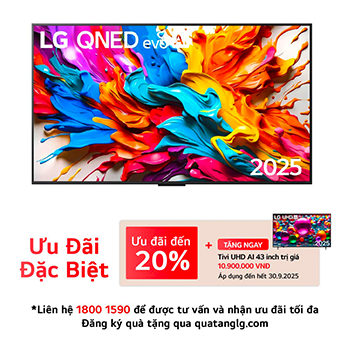 Front view of LG QNED evo AI QNED9M TV. LG QNED evo AI Logo on the. op corner. LG QNED evo TV depicts colorful paintike textures coming together. Zero Connect Box in the corner with the title, Zero Connect Box with 4K 144Hz wireless video & audio transfer.