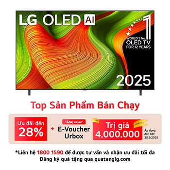Hình ảnh mặt trước của Smart TV LG OLED AI B5 4K. Biểu tượng OLED số 1 thế giới trong 12 năm và logo LG OLED AI 2025 hiện trên màn hình.