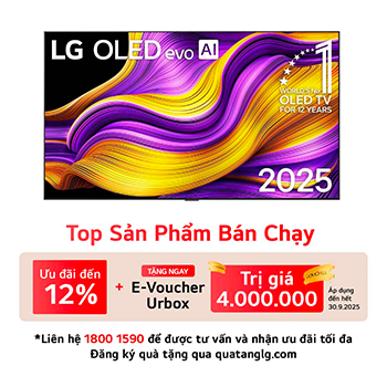 Front view of LG OLED evo AI G5 4K Smart TV. 12 Years of world number 1 OLED emblem and LG OLED evo AI 2025 logo are on the screen.