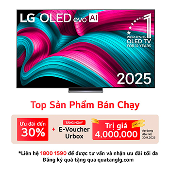Front view of LG OLED evo AI C5 4K Smart TV. 12 Years of world number 1 OLED emblem and LG OLED evo AI 2025 logo are on the screen.
