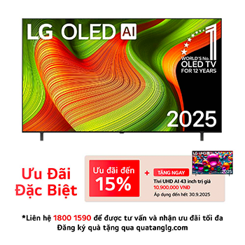 Front view of LG OLED AI B5 4K Smart TV. 12 Years of world number 1 OLED emblem and LG OLED AI 2025 logo are on the screen.