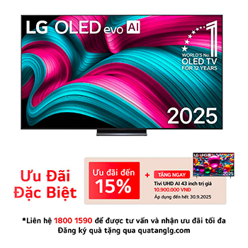 Front view of LG OLED evo AI C5 4K Smart TV. 12 Years of world number 1 OLED emblem and LG OLED evo AI 2025 logo are on the screen.