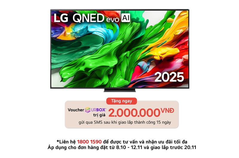 Front view of LG QNED evo TV, LG QNED evo Al Logo on the top corner. LG QNED evo TV depicts colorful paintike textures coming together.