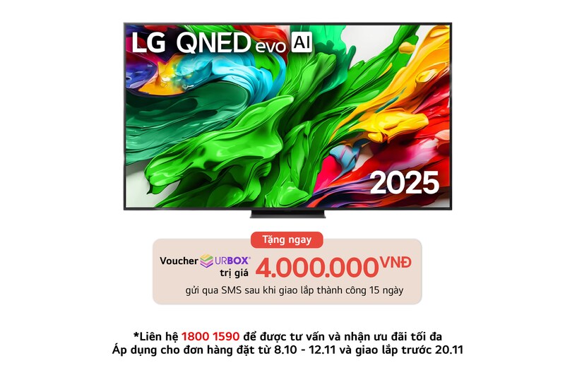 Front view of LG QNED evo TV, LG QNED evo Al Logo on the top corner. LG QNED evo TV depicts colorful paintike textures coming together.