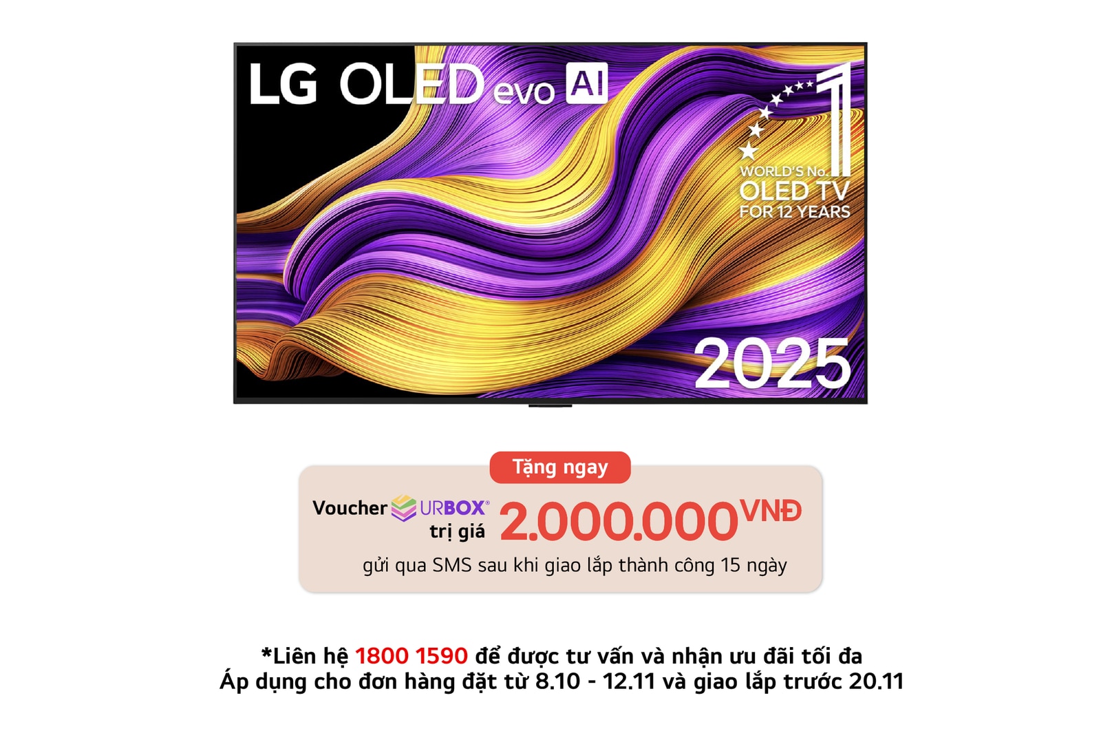 Front view of LG OLED evo AI G5 4K Smart TV. 12 Years of world number 1 OLED emblem and LG OLED evo AI 2025 logo are on the screen.