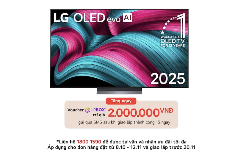 Front view of LG OLED evo AI C5 4K Smart TV. 12 Years of world number 1 OLED emblem and LG OLED evo AI 2025 logo are on the screen.