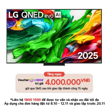 Front view of LG QNED evo TV, LG QNED evo Al Logo on the top corner. LG QNED evo TV depicts colorful paintike textures coming together.