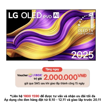 Front view of LG OLED evo AI G5 4K Smart TV. 12 Years of world number 1 OLED emblem and LG OLED evo AI 2025 logo are on the screen.