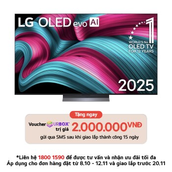 Front view of LG OLED evo AI C5 4K Smart TV. 12 Years of world number 1 OLED emblem and LG OLED evo AI 2025 logo are on the screen.