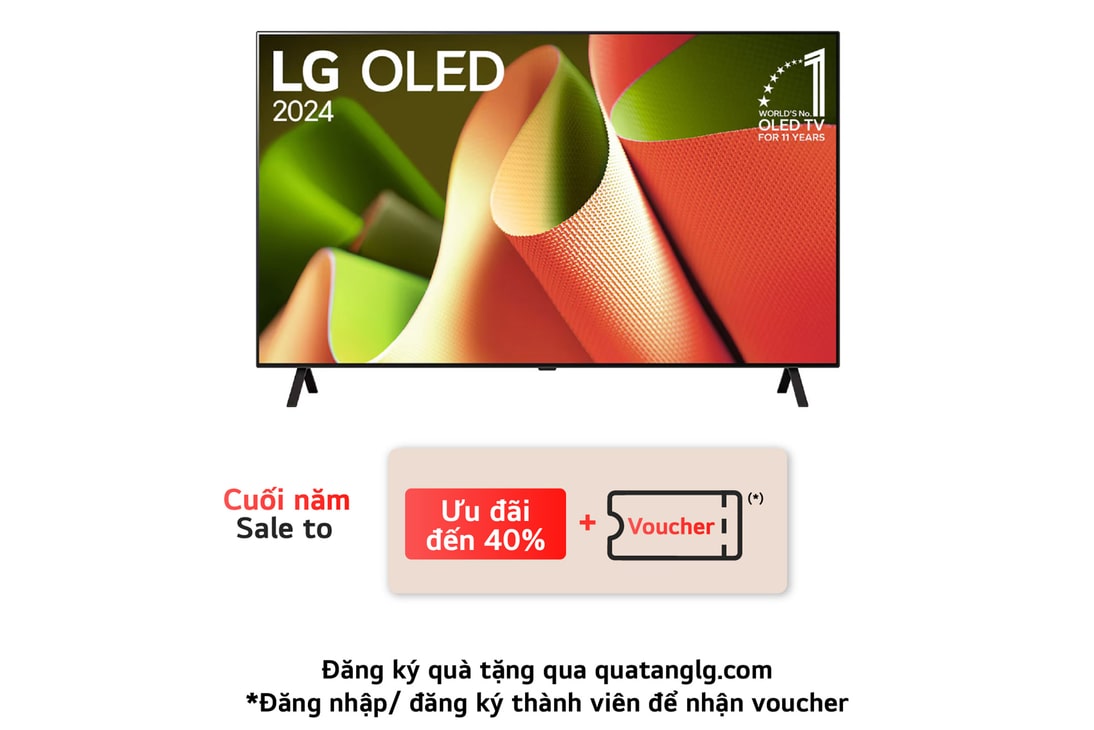Hình ảnh mặt trước với TV LG OLED, OLED AI B4, Hình ảnh biểu tượng OLED 11 năm đứng đầu thế giới và logo webOS Re:New Program trên màn hình với giá đỡ 2 chân