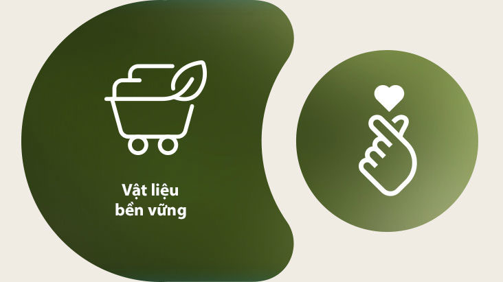 Bên trái là biểu tượng vật liệu bền vững của LG với tên gọi được viết bên dưới. Bên phải là biểu tượng trái tim ngón tay ESG.