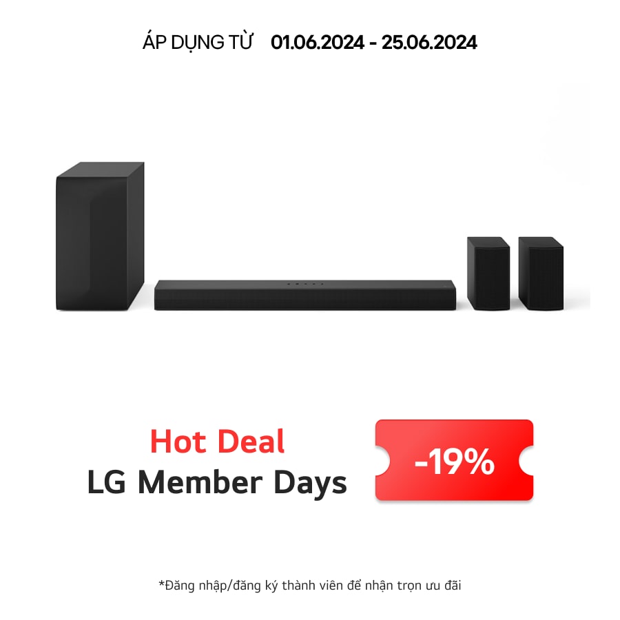 Hình ảnh mặt trước của LG Soundbar S65TR, loa siêu trầm và Loa sau