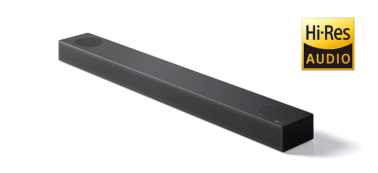 Hình ảnh đầy đủ của loa LG Sound bar với logo LG ở góc dưới bên phải của sản phẩm.  Logo Hi-Res AUDIO được hiển thị ở bên phải hình ảnh.
