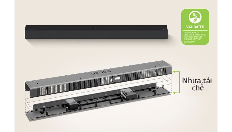 Có hình ảnh trực diện nhìn từ phía sau loa sound bar và hình ảnh với khung kim loại nhìn từ phía trước loa sound bar.
