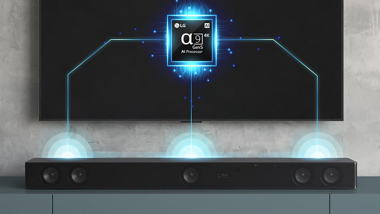 Hình ảnh chip alpha chín trên mặt sau của TV và có loa sound bar ngay bên dưới. Ngoài ra còn có hiệu ứng sóng âm thanh phát ra từ loa sound bar.