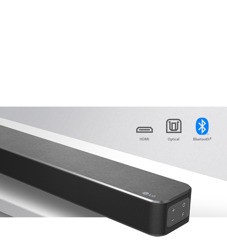Cận cảnh mặt phải Loa thanh LG với logo LG hiển thị ở góc dưới bên phải. Các biểu tượng kết nối hiển thị bên trên sản phẩm.