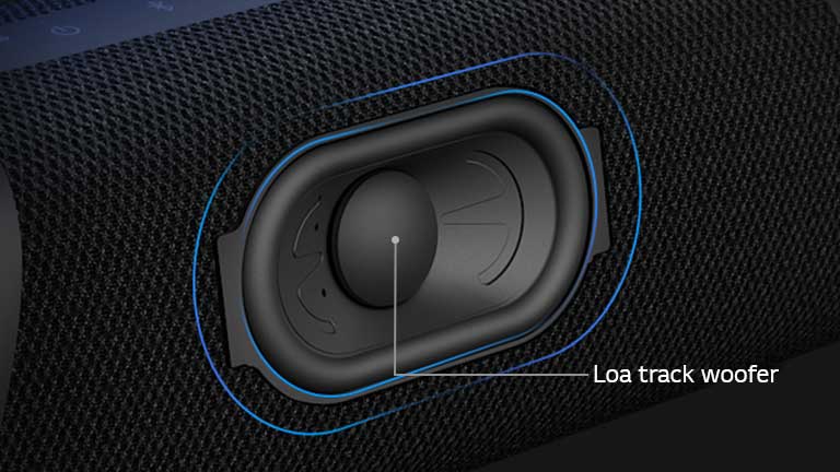 Loa LG XBOOM Go XG5 nhìn nghiêng, cho thấy loa trầm loại rãnh.