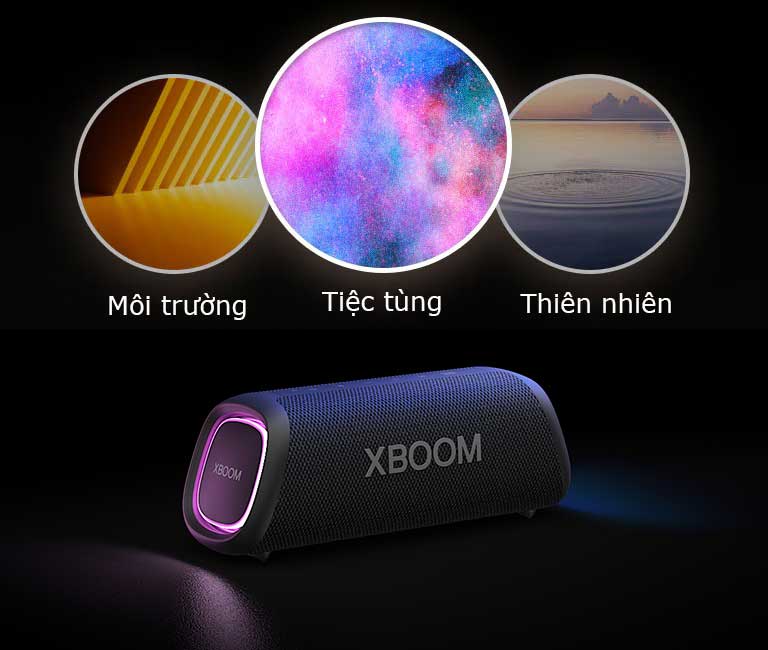 LG XBOOM Go XG5 với đèn màu tím đặt trên sàn nhà. Phía trên loa hiển thị ba chế độ ánh sáng; môi trường, thiên nhiên, và tiệc tùng.