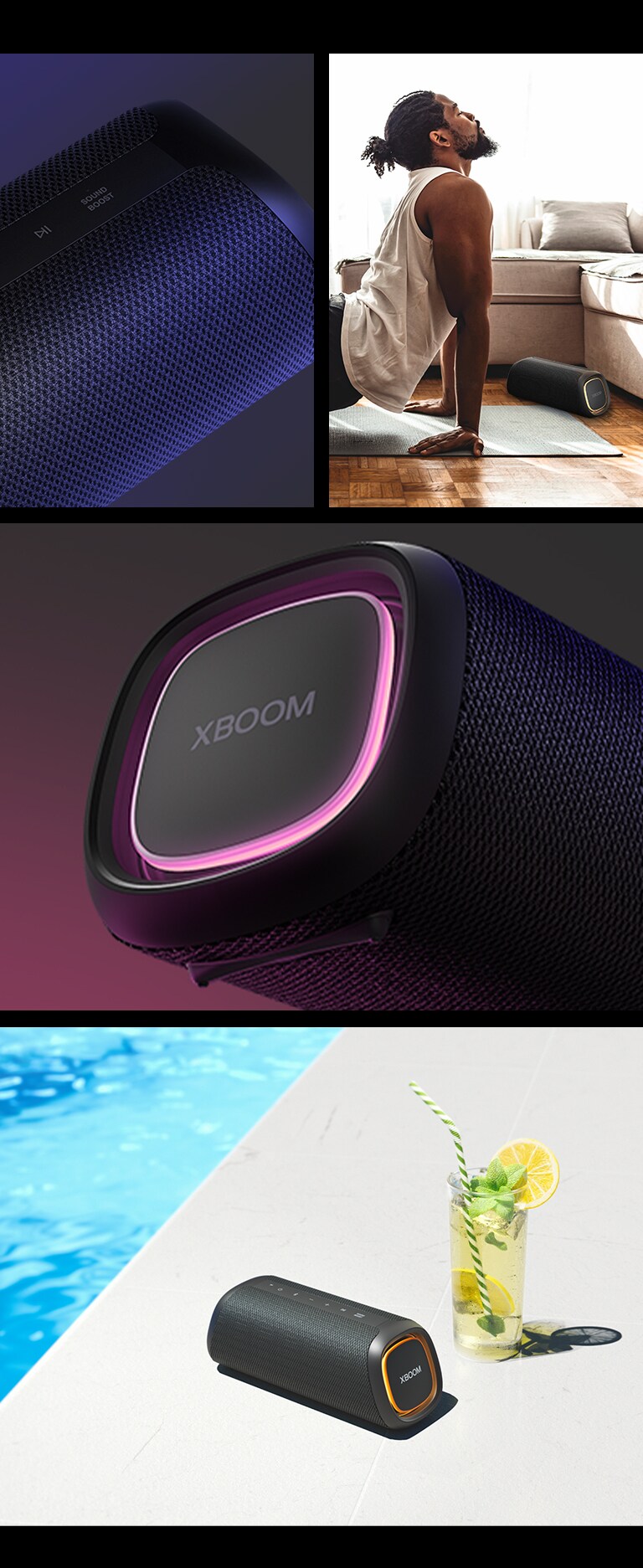 Hội đoàn. Bên trái, nhìn cận cảnh LG XBOOM Go XG5. Cạnh đó là hình ảnh một người đàn ông đang tập yoga, trên đệm có loa LG XBOOM Go XG5. Bên phải từ trên xuống dưới: cận cảnh loa với đèn màu hồng. Loa với đèn màu cam và ly nước chanh được để ở bể bơi.