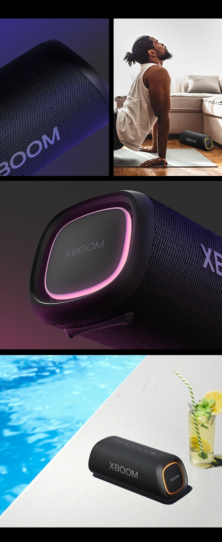 Hội đoàn. Bên trái, nhìn cận cảnh LG XBOOM Go XG5. Cạnh đó là hình ảnh một người đàn ông đang tập yoga, trên đệm có loa LG XBOOM Go XG5. Bên phải từ trên xuống dưới: cận cảnh loa với đèn màu hồng. Loa với đèn màu cam và ly nước chanh được để ở bể bơi.