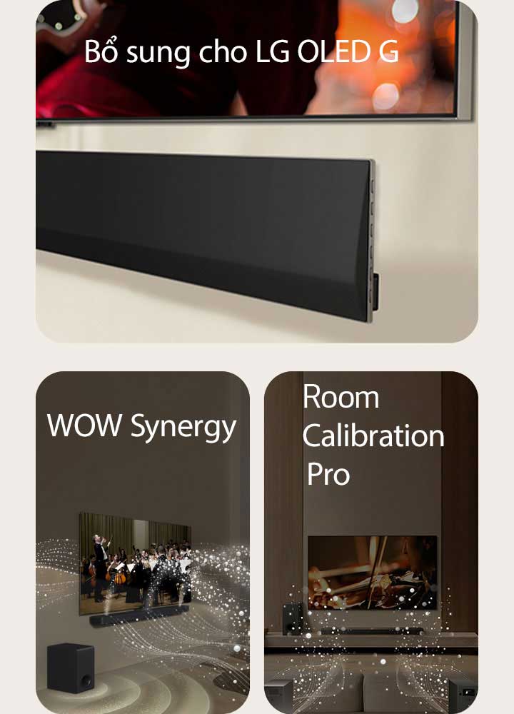 Góc nghiêng của đáy TV LG và LG Soundbartrên tường.  LG Soundbar và LG TV trong phòng khách đang phát một buổi biểu diễn của dàn nhạc. Sóng trắng của các giọt nước tượng trưng cho sóng âm bắn về phía trước từ soundbar và chiếu từ TV, vì loa siêu trầm đang tạo ra hiệu ứng âm thanh từ phía dưới.