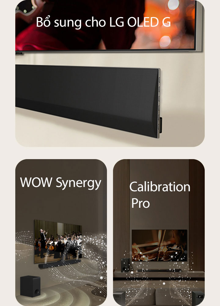 Góc nghiêng của đáy TV LG và LG Soundbartrên tường.  LG Soundbar và LG TV trong phòng khách đang phát một buổi biểu diễn của dàn nhạc. Sóng trắng của các giọt nước tượng trưng cho sóng âm bắn về phía trước từ soundbar và chiếu từ TV, vì loa siêu trầm đang tạo ra hiệu ứng âm thanh từ phía dưới.
