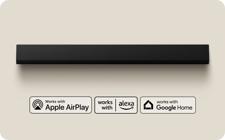 Góc nhìn từ trên xuống của LG Soundbar. Logo Apple AirPlay Logo Amazon Alexa Logo Google Home