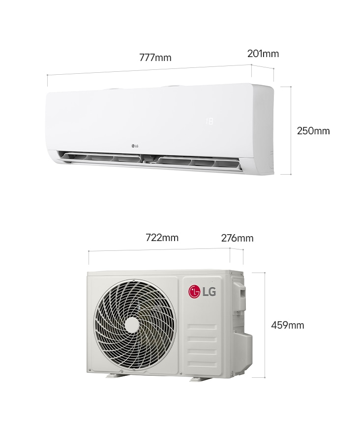 
Kích thước dàn lạnh (777 × 250 × 201 mm) và dàn nóng (722 × 459 × 276 mm) của máy điều hòa treo tường LG.