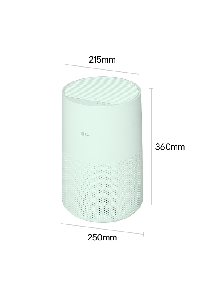 The mint LG AeroMini air purifier with dimensions: 215mm in top diameter, 360mm in height, and 250mm in base depth.